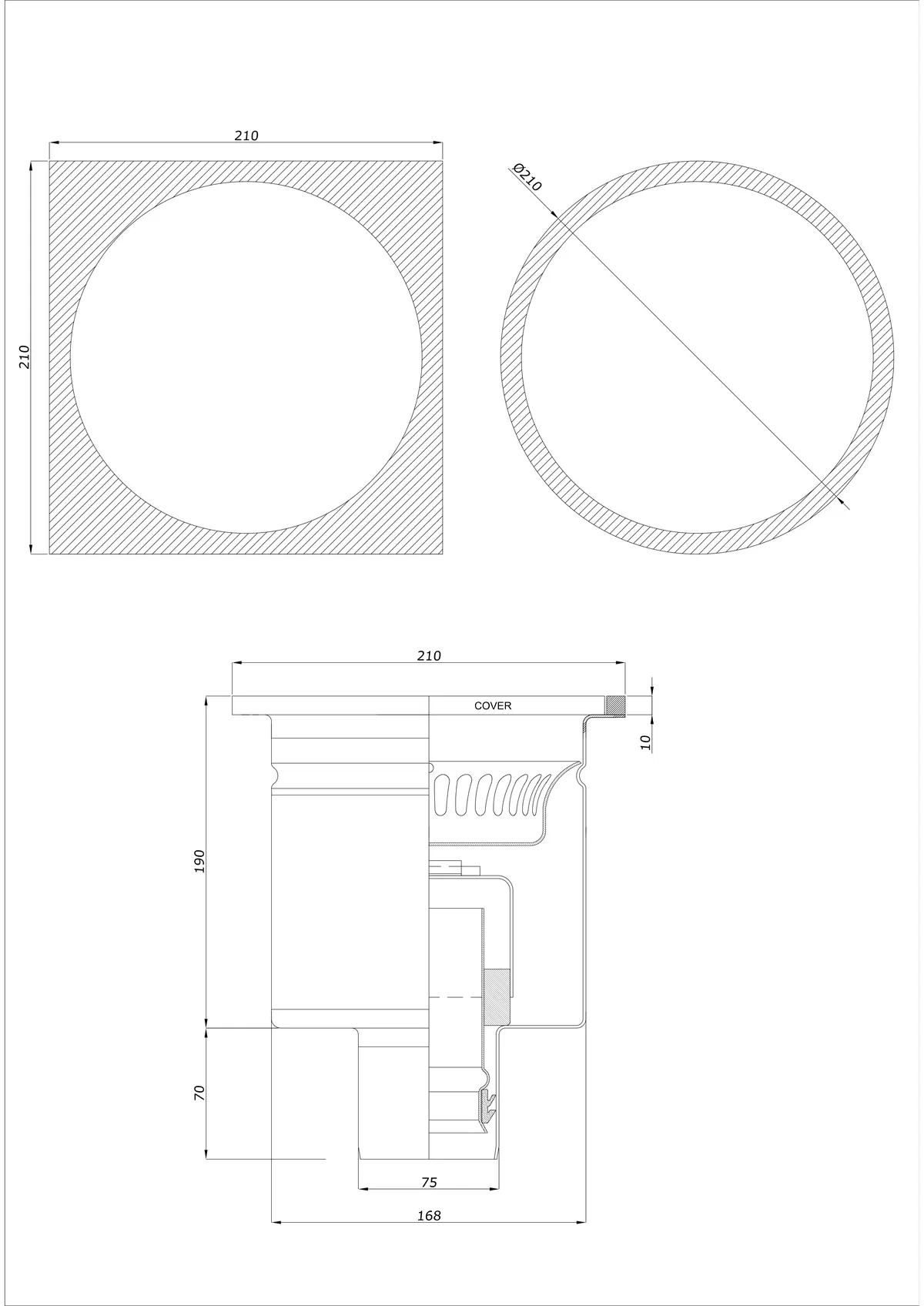 Desagüe de suelo BK_KRDO 210/210x210 DN 75 - Monobloque vertical - Versión redonda/cuadrada