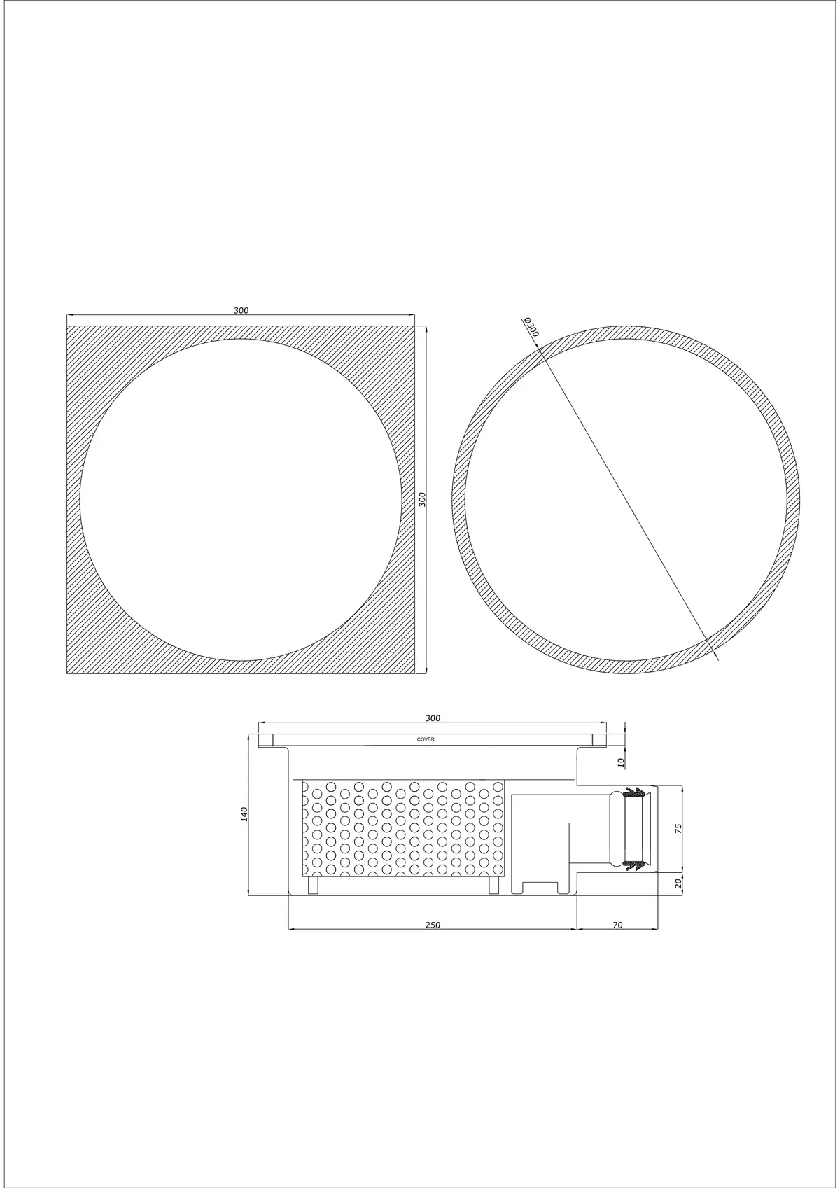 Desagüe de suelo BK_KRBO 300/ 300x300 DN 75 - Monopieza Horizontal - Versión redonda/cuadrada