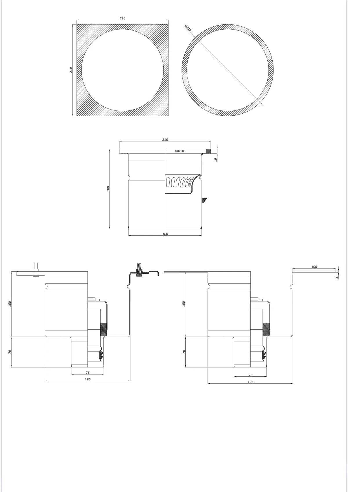 Desagüe de suelo BK_KRDO 210/210x210 DN 75 - Dos piezas vertical - Versión redonda/cuadrada