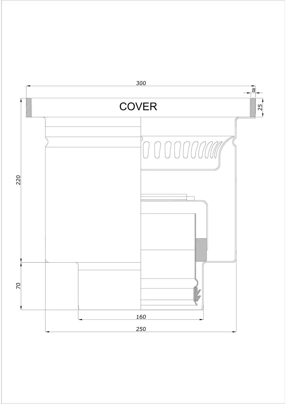 Desagüe de suelo BK_KROD 300 DN 160 con borde 25x8mm - Vertical de una pieza