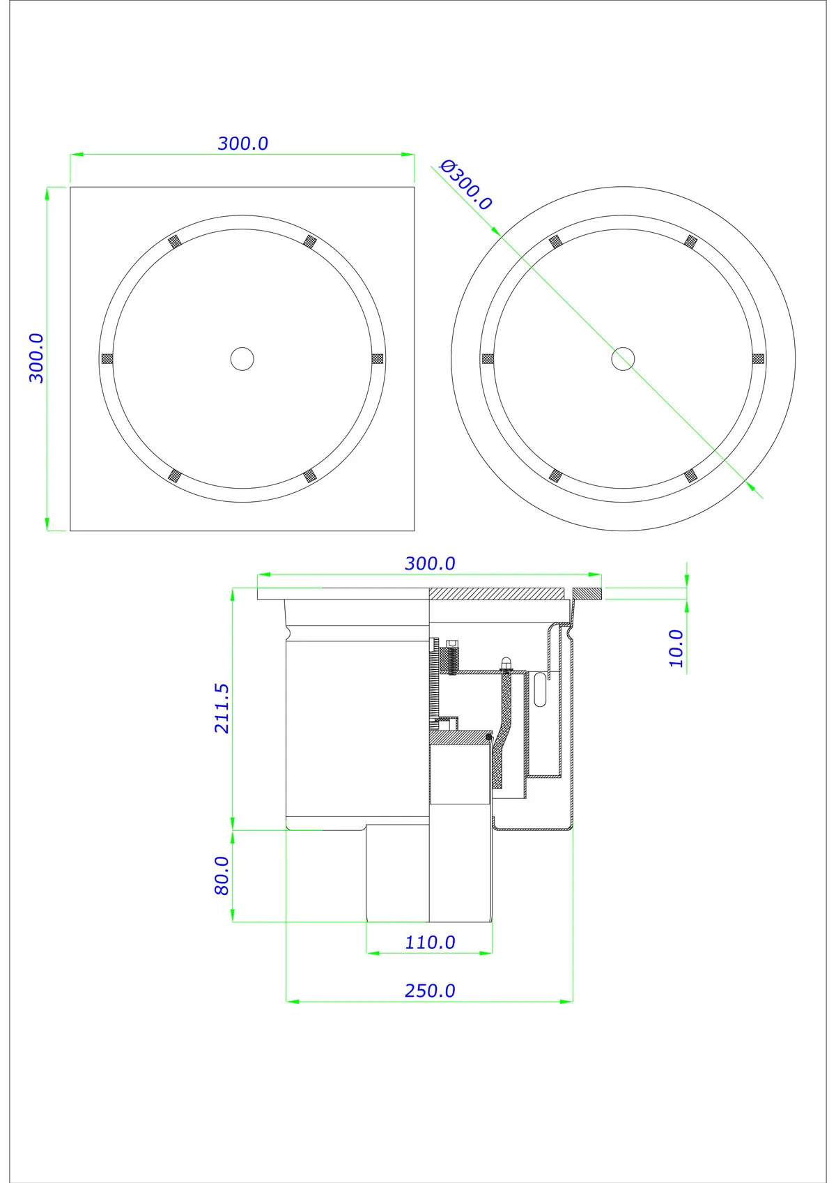 Desagüe de suelo BK_KROD 300/300x300 DN 110 con sifón cerrable (llave Allen) - de una pieza vertical