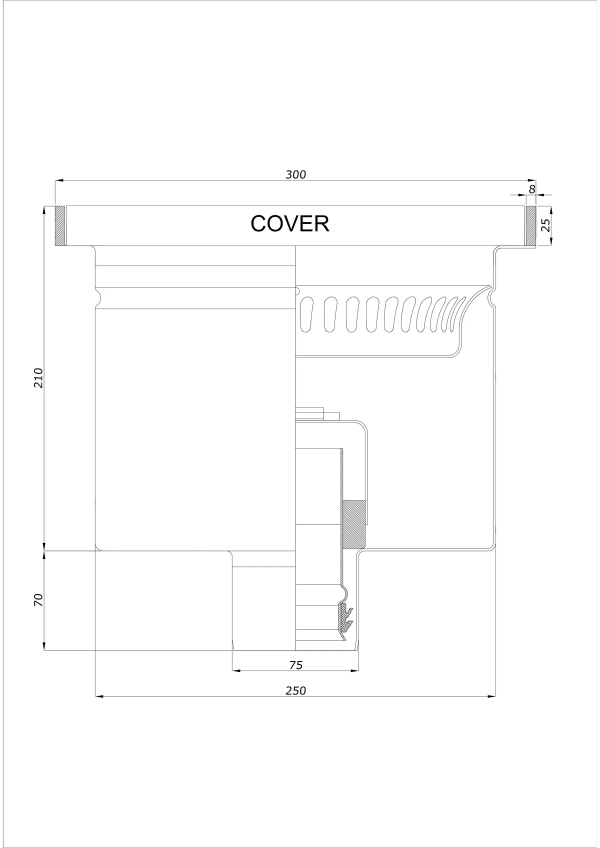 Desagüe de suelo BK_KROD 300 DN 75 con borde 25x8mm - Drenaje vertical de una pieza