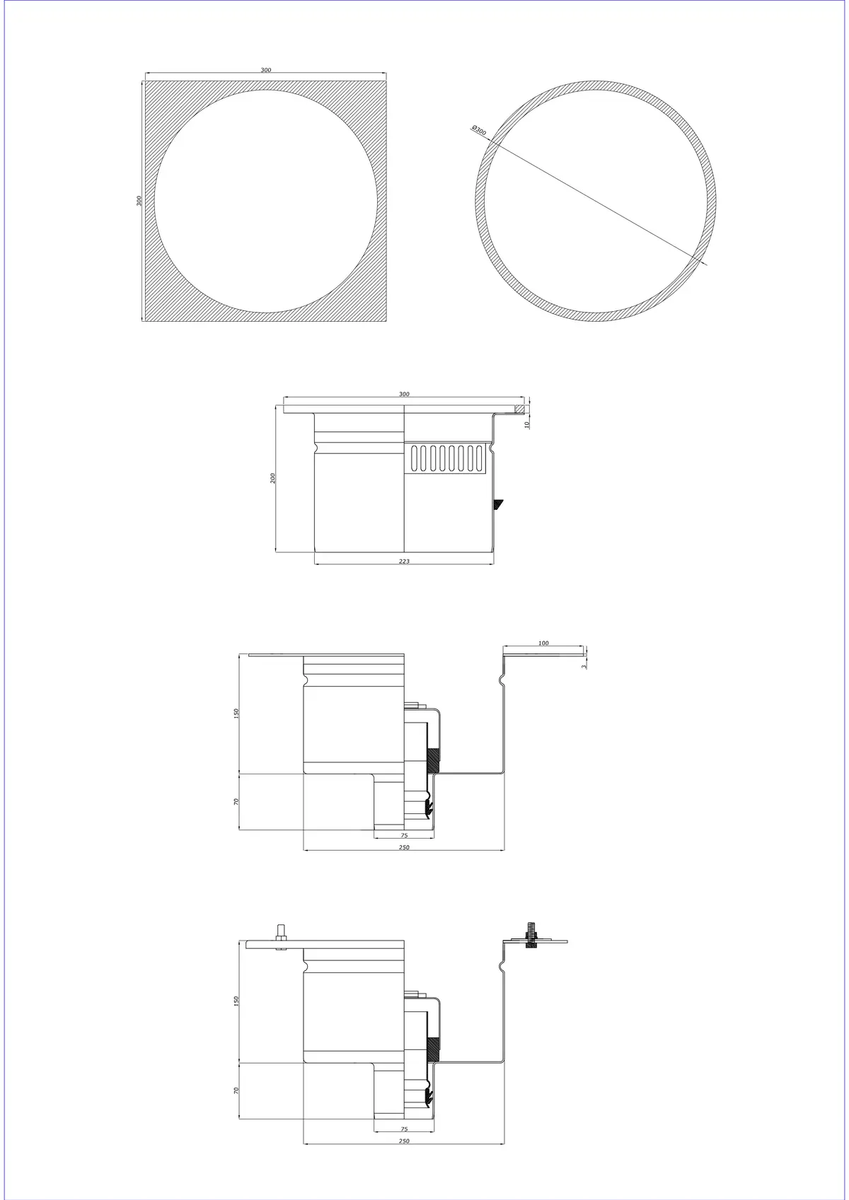 Desagüe de suelo BK_KRDO 300/300x300 DN 75 - Dos piezas vertical - Versión redonda/cuadrada