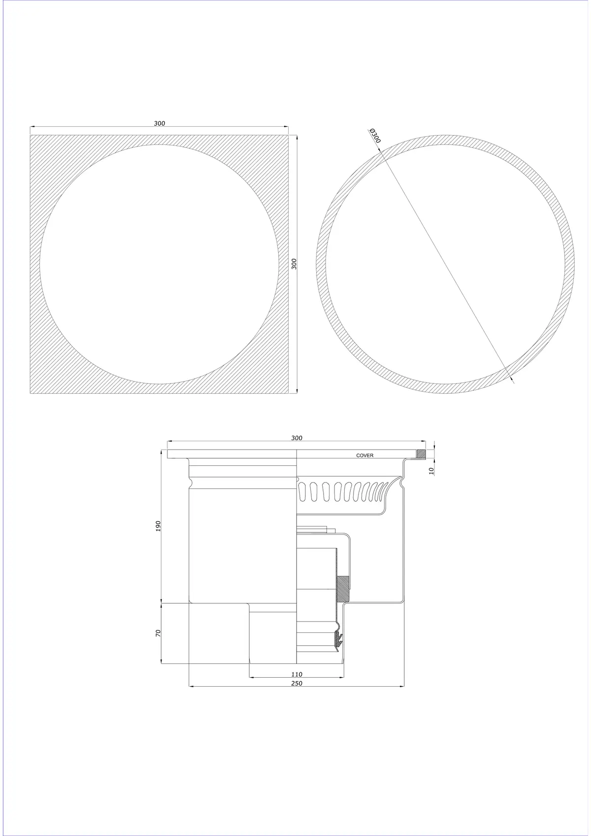 Desagüe de suelo BK_KRDO 300/300x300 DN 110 - Monobloque Vertical - Versión redonda/cuadrada