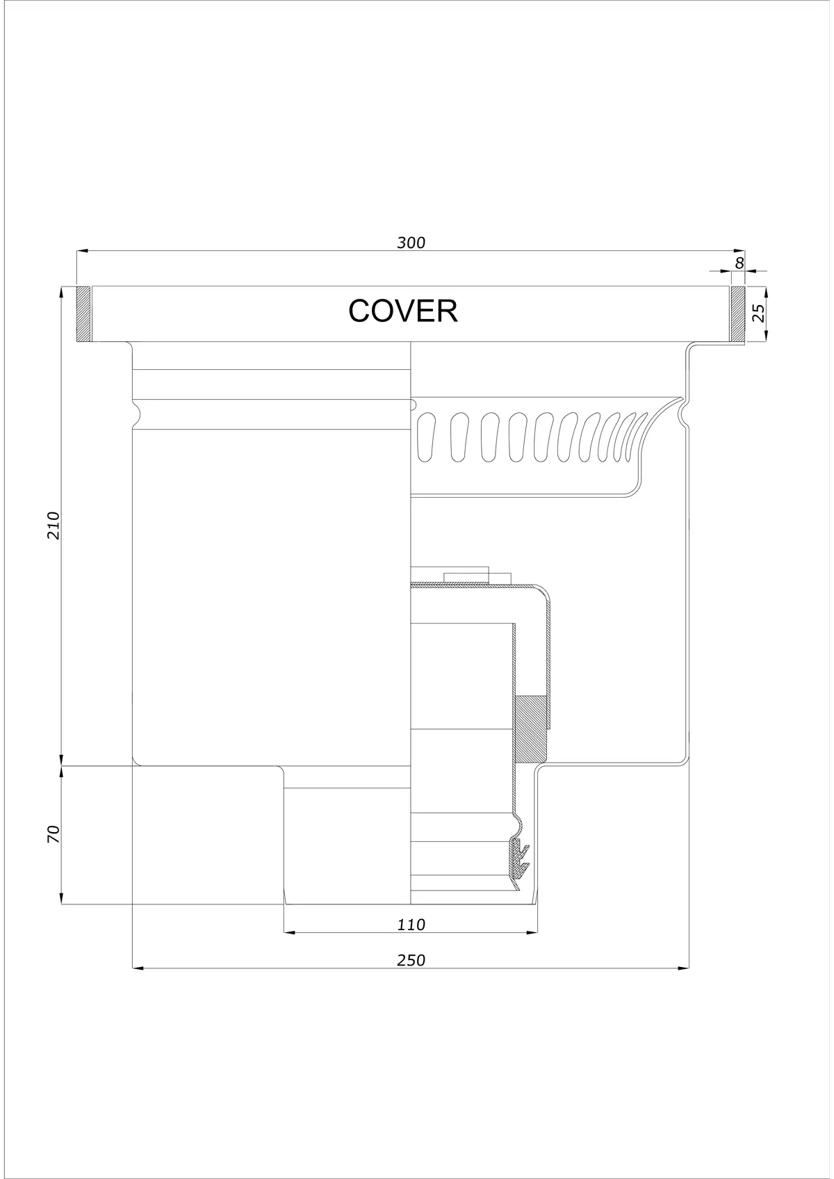 Desagüe de suelo BK_KROD 300 DN 110 con borde 25x8mm - Desagüe vertical de una pieza