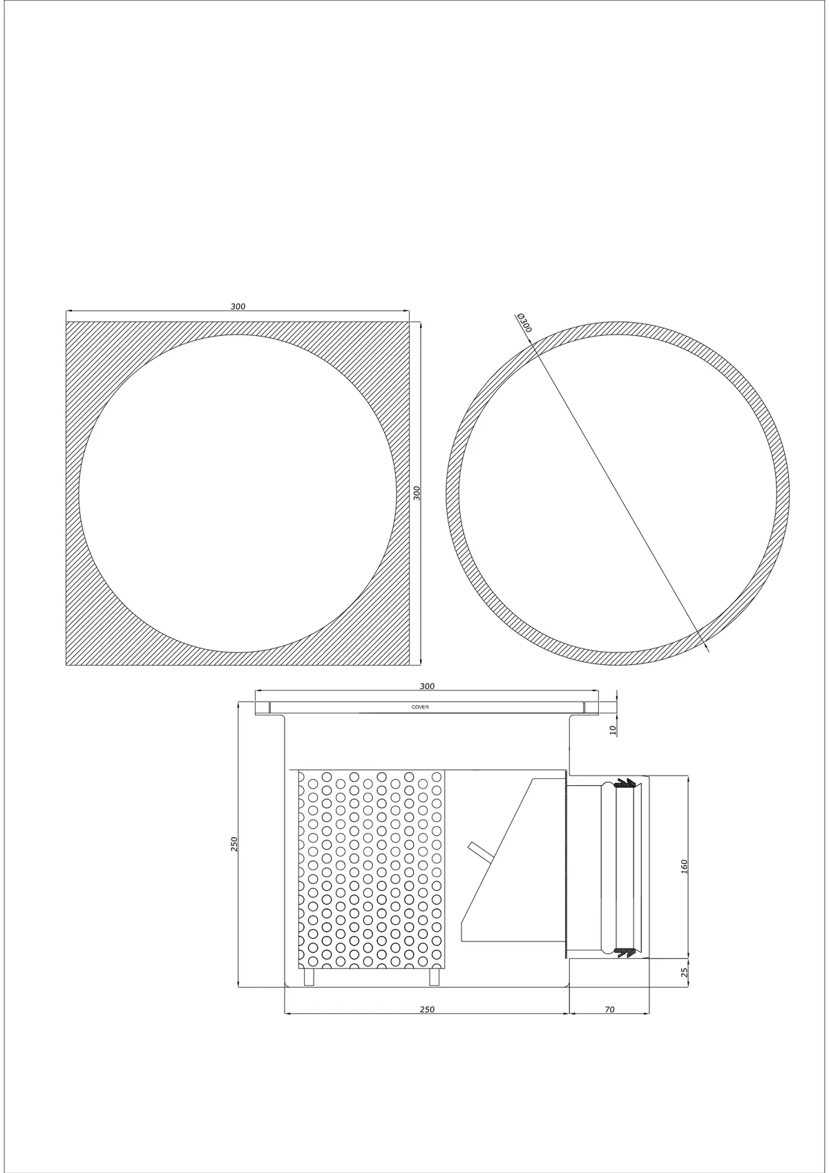 Desagüe de suelo BK_KRBO 300/300x300 DN 160 - Monobloque Horizontal - Versión Redonda/Cuadrada