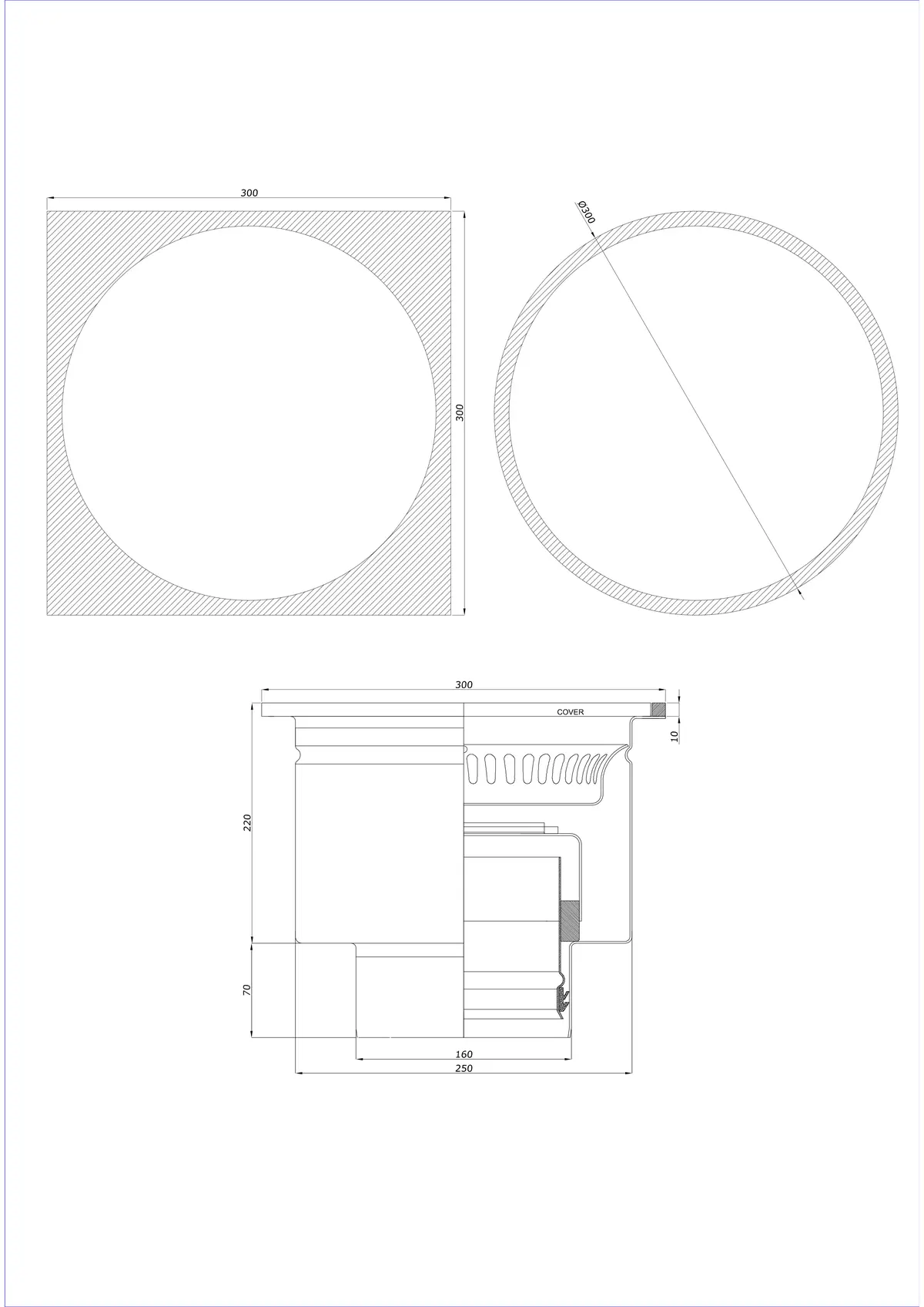 Desagüe de suelo BK_KRDO 300/300x300 DN 160 - Monobloque vertical - Versión redonda/cuadrada