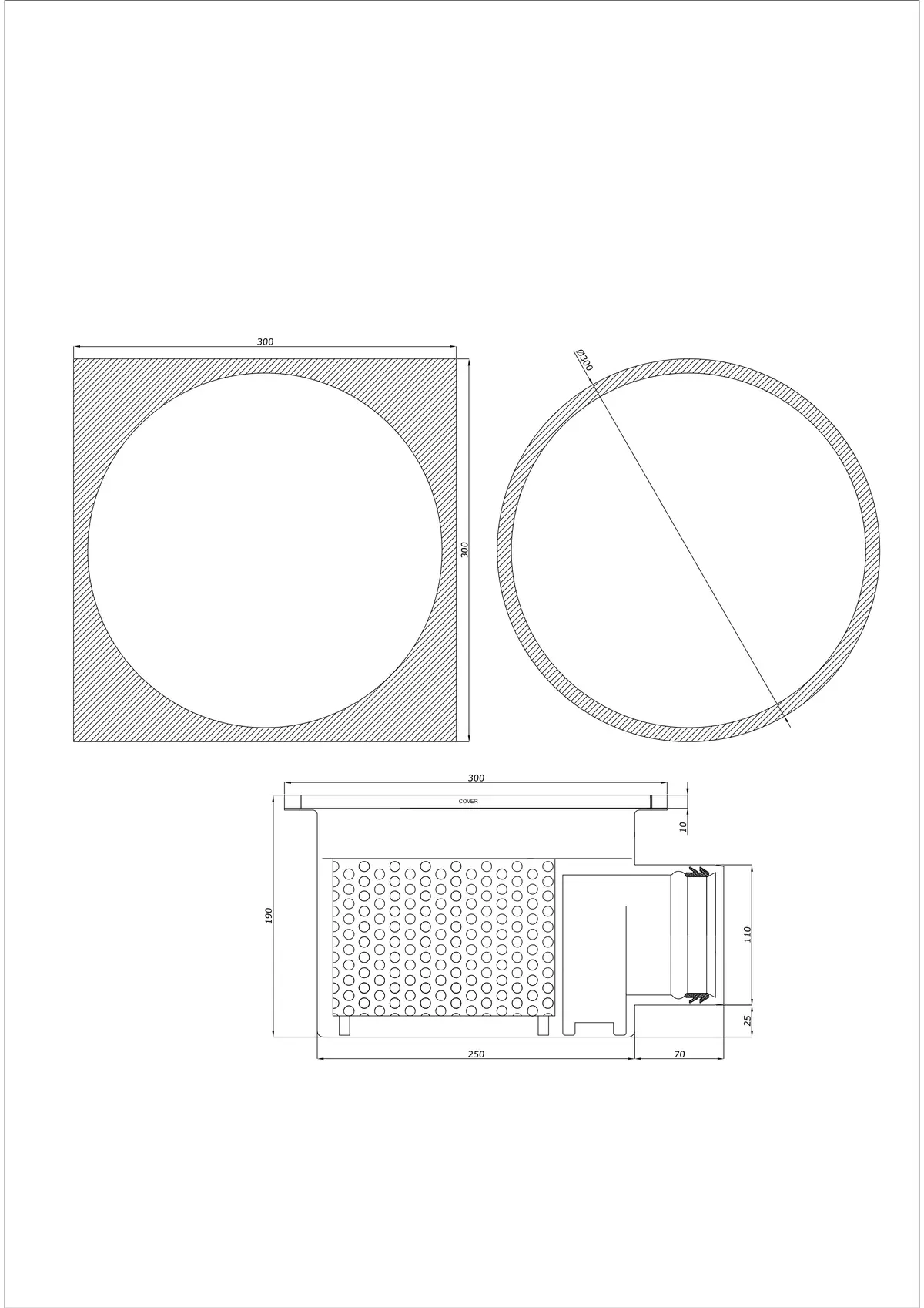 Desagüe de suelo BK_KRBO 300/ 300x300 DN 110 - Monobloque Horizontal - Versión redonda/cuadrada