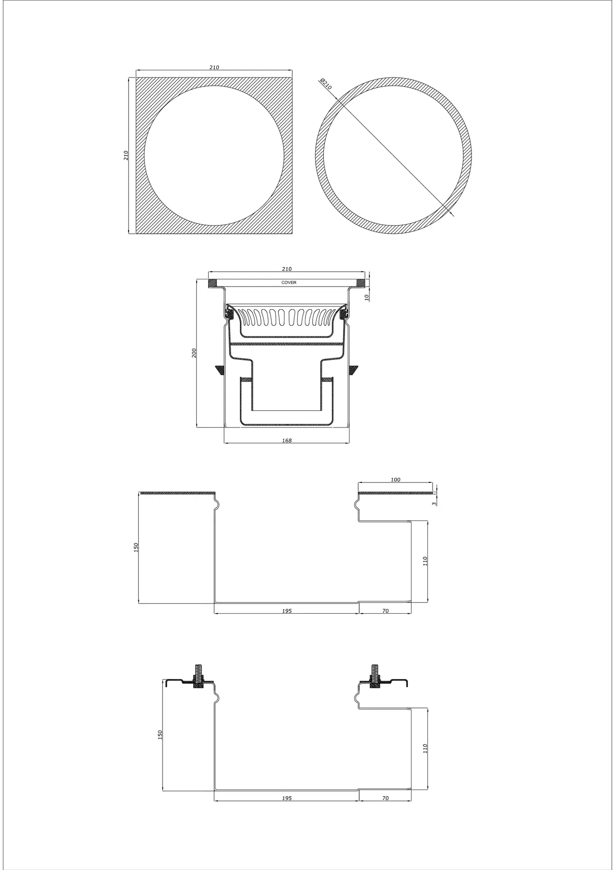 Desagüe de suelo BK_KRBO 210/ 210x210 DN 110 - Dos partes horizontal - Versión redonda/cuadrada
