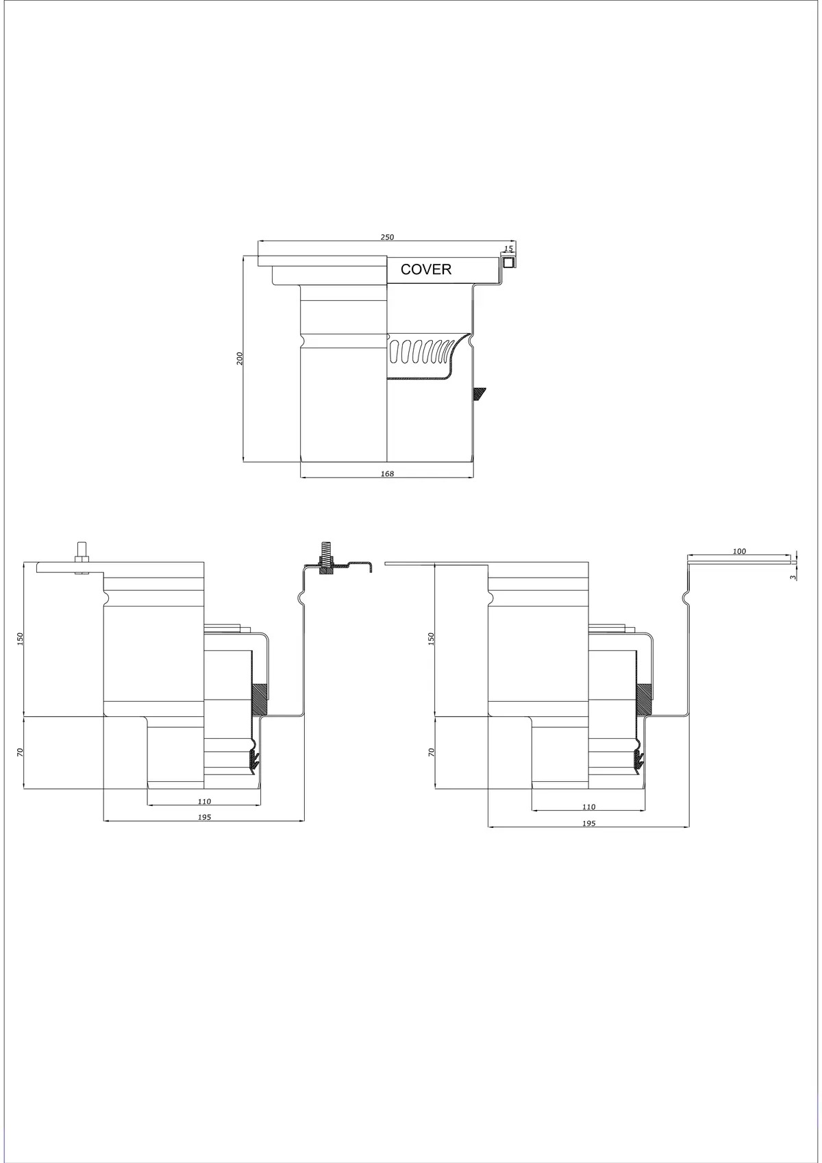 Desagüe de suelo BK_KRD 250x250 DN 110 - Dos piezas vertical