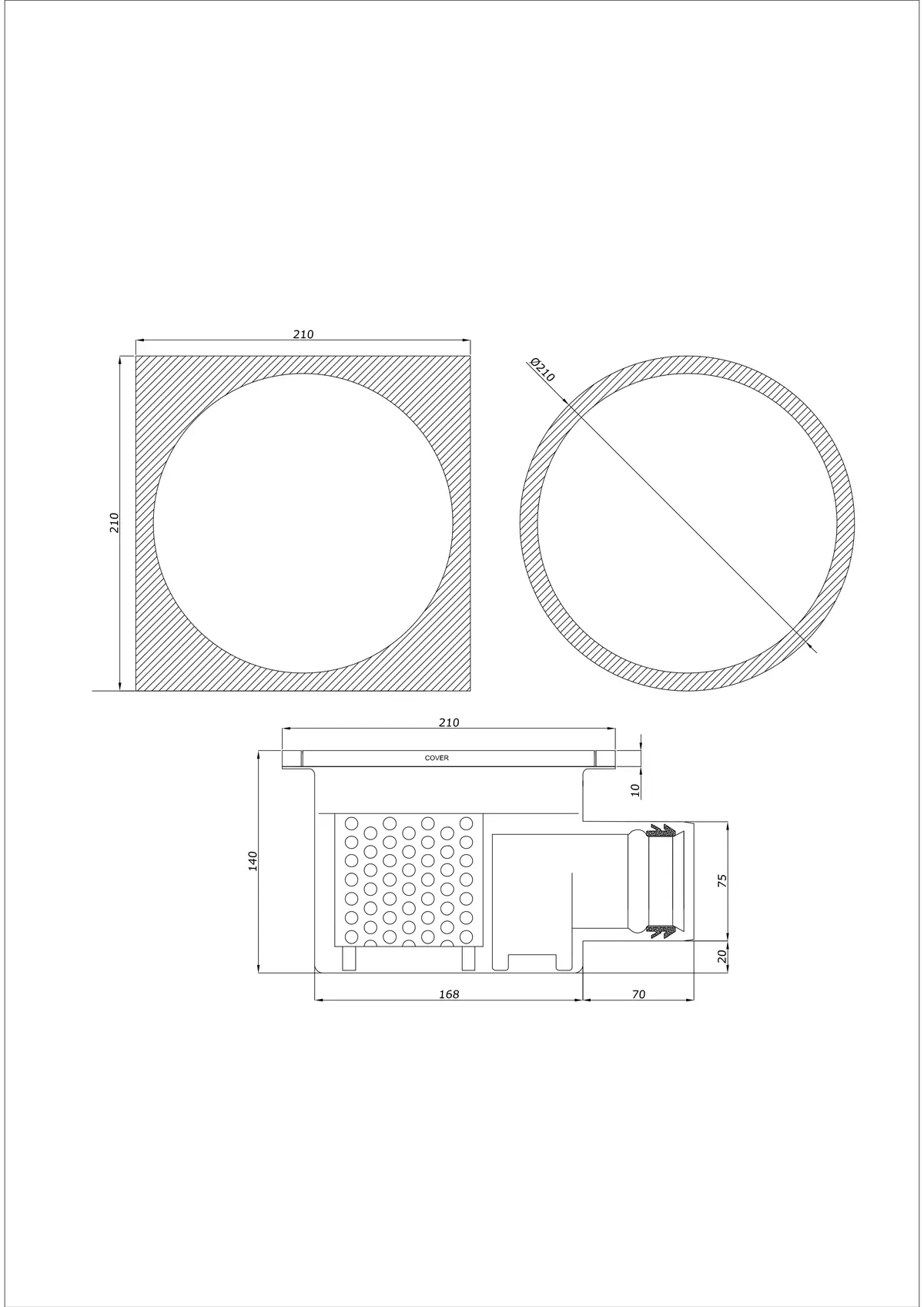 Desagüe de suelo BK_KRBO 210/ 210x210 DN 75 - Monobloque Horizontal - Versión redonda/cuadrada