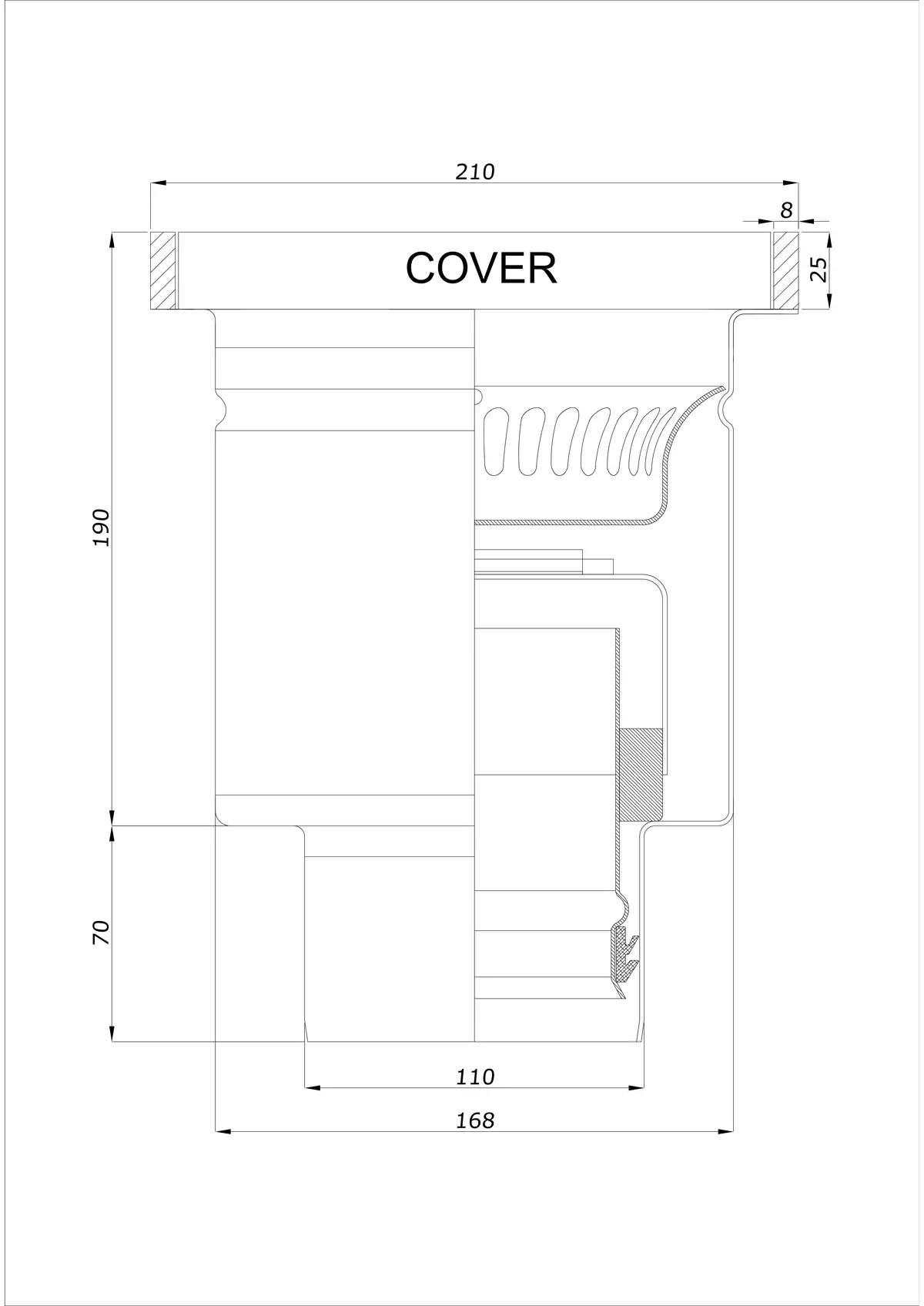 Desagüe de suelo BK_KROD 210 DN 110 con borde 25x8mm - Vertical de una pieza