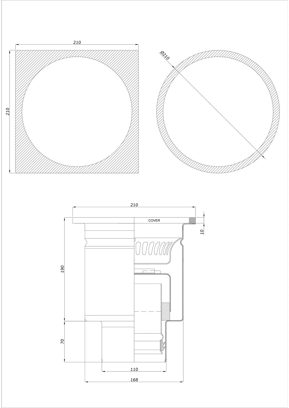 Desagüe de suelo BK_KRDO 210/210x210 DN 110 - Monobloque vertical - Versión redonda/cuadrada