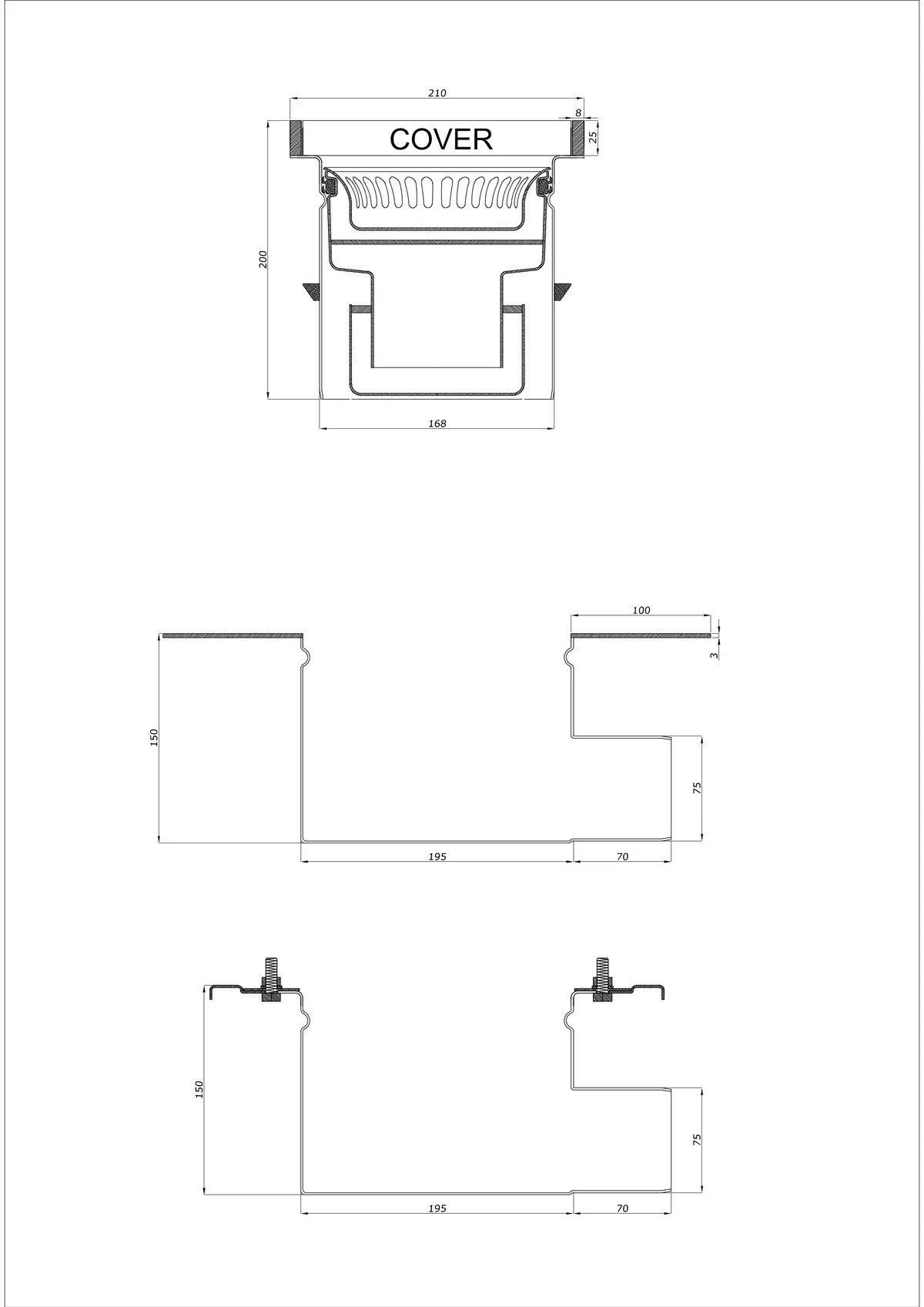 Desagüe de suelo BK_KROB 210 DN 75 con borde 25x8mm - Desagüe horizontal de dos piezas