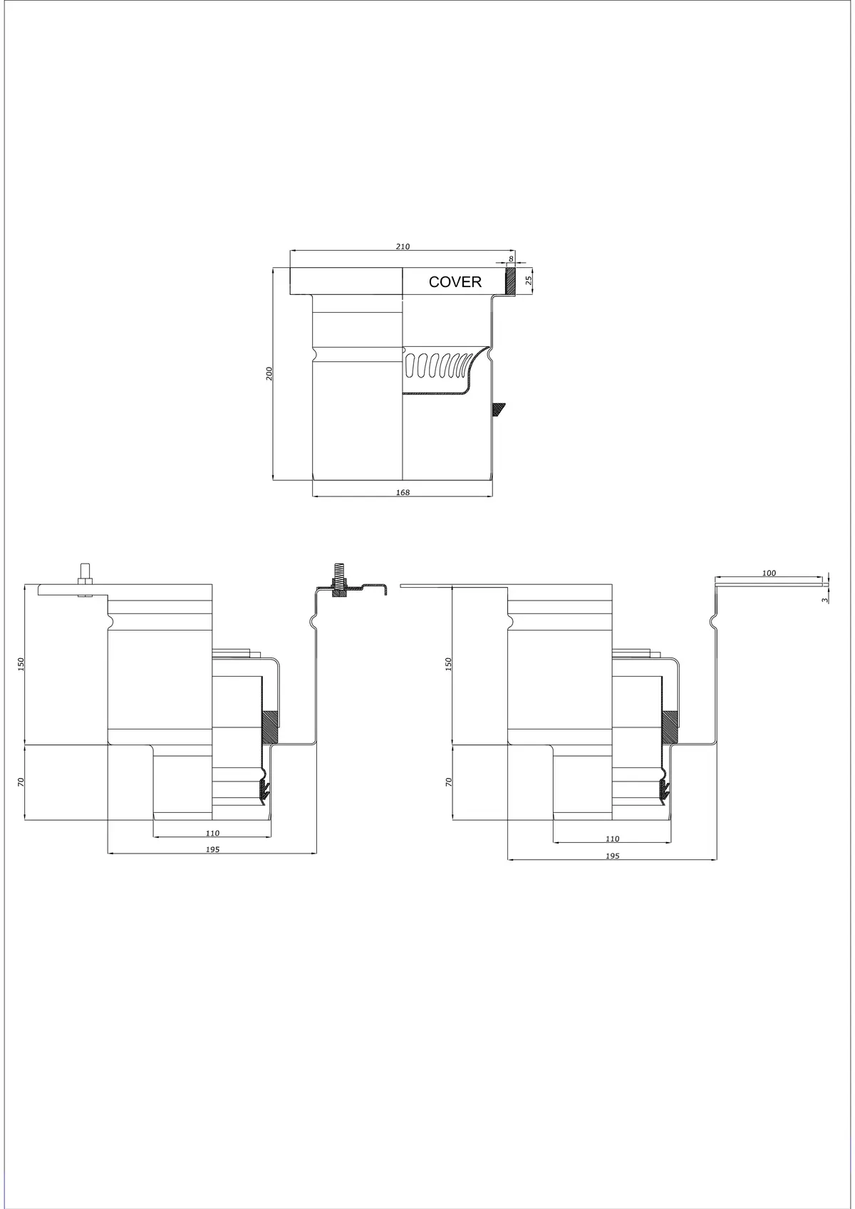 Desagüe de suelo BK_KROD 210 DN 110 con borde 25x8mm - Desagüe vertical de dos piezas