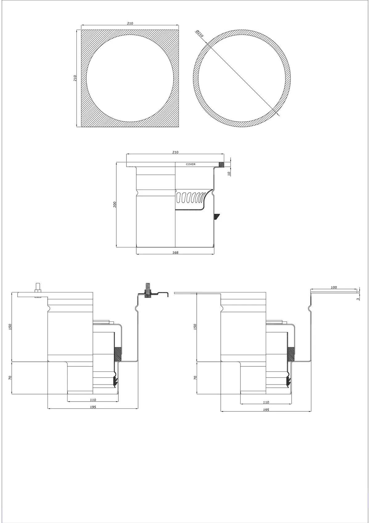Desagüe de suelo BK_KRDO 210/210x210 DN 110 - Dos partes vertical - Versión redonda/cuadrada