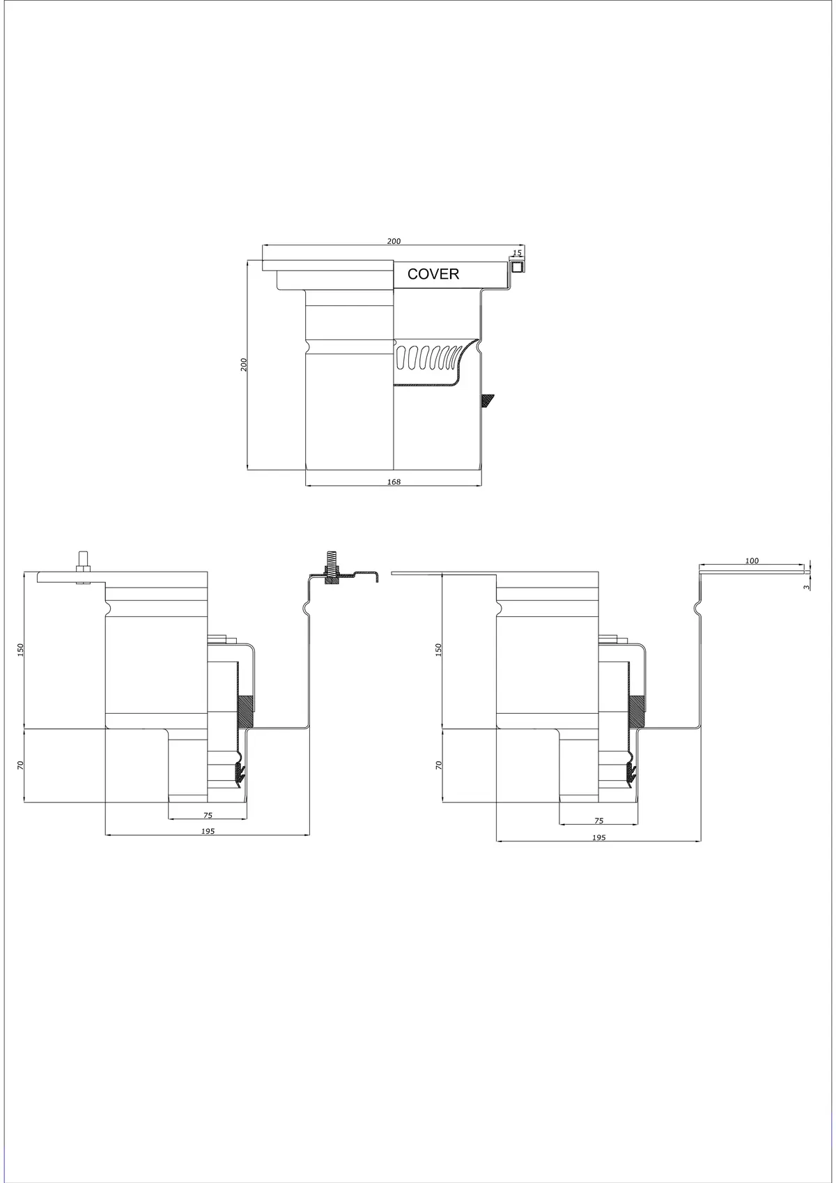 Desagüe de suelo BK_KRD 200x200 DN 75 - Dos piezas vertical