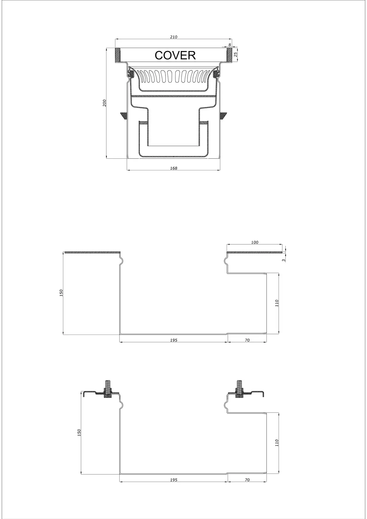 Desagüe de suelo BK_KROB 210 DN 110 con borde 25x8mm - De dos partes horizontal