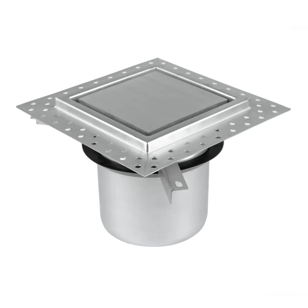 Parte superior de una rejilla de suelo 200x200 mm con tapa de placa y brida de sellado